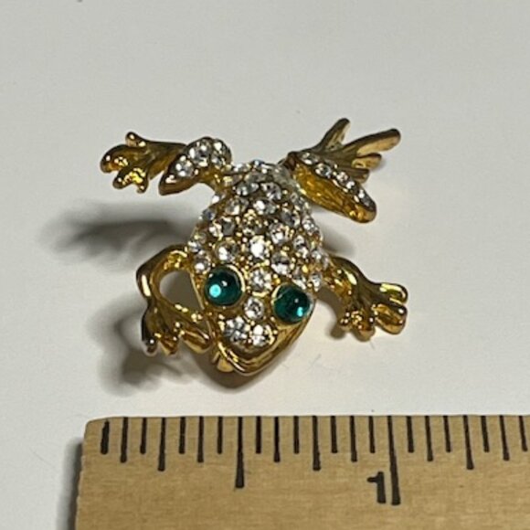 Clear Green Rhinestones Gold Tone Leaping Frog Brooch Pin 1.25" - Picture 14 of 14
